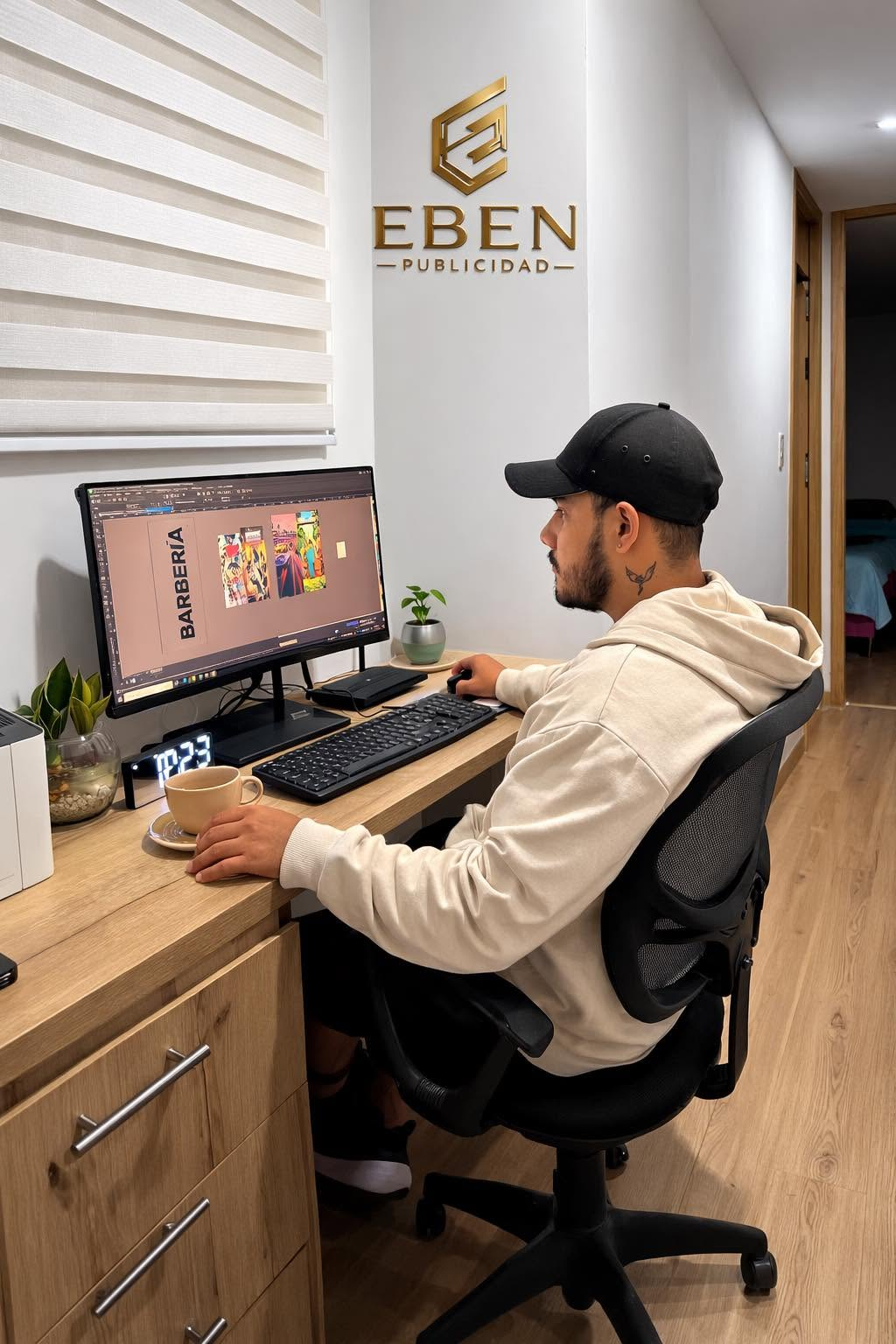 Espacio de trabajo de Eben Publicidad, con el logo en la pared